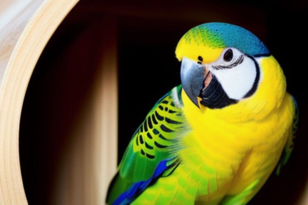 Parakeet Inside a Wooden Nesting Box