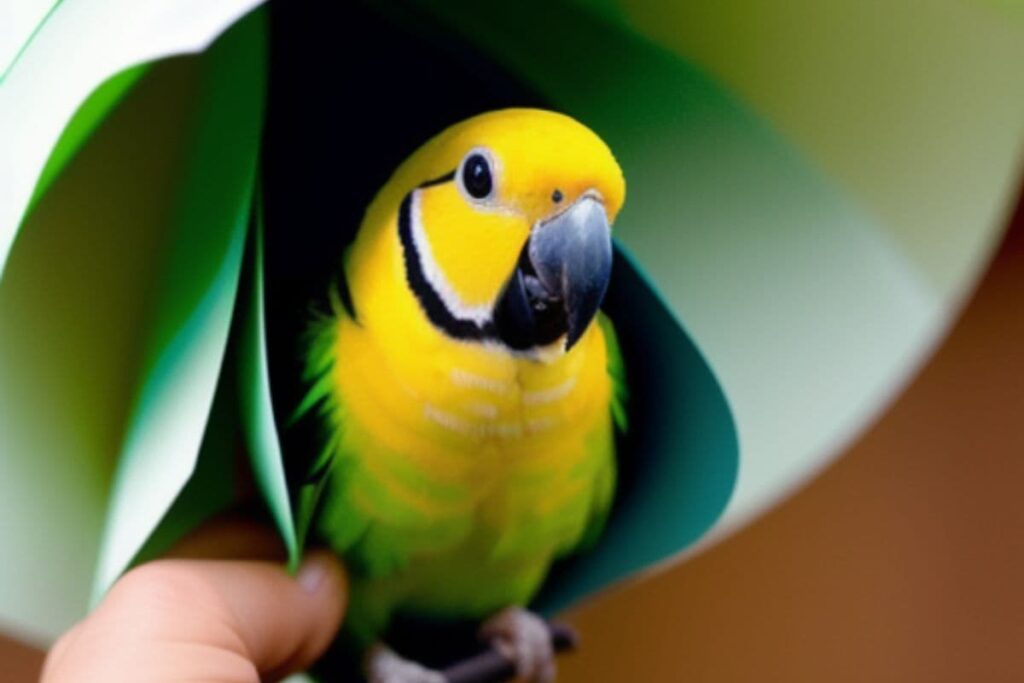 Playful Parakeet Standing Inside Rolled Up Papers