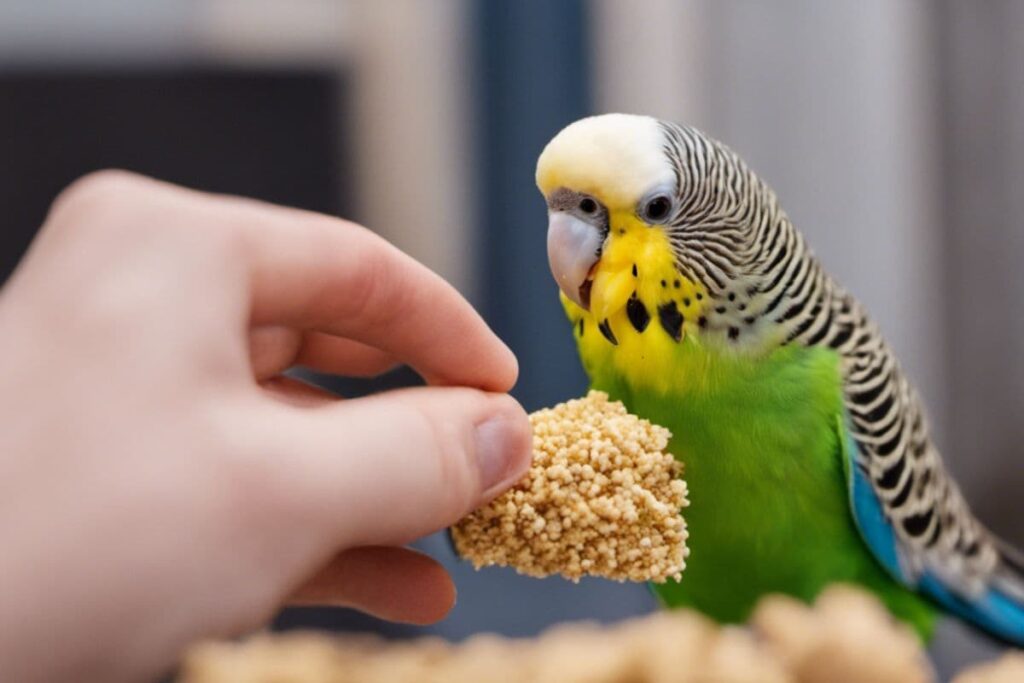 Handfeeding Treat to a Parakeet