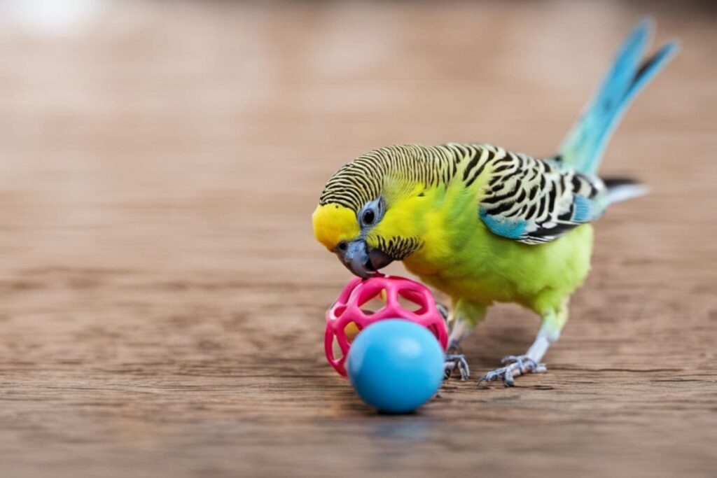 Parakeet Playing With a Toy