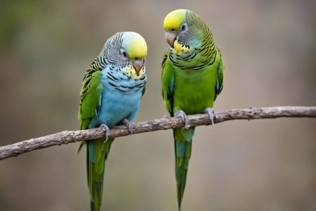 Two Parakeets Standing On a Perch Together