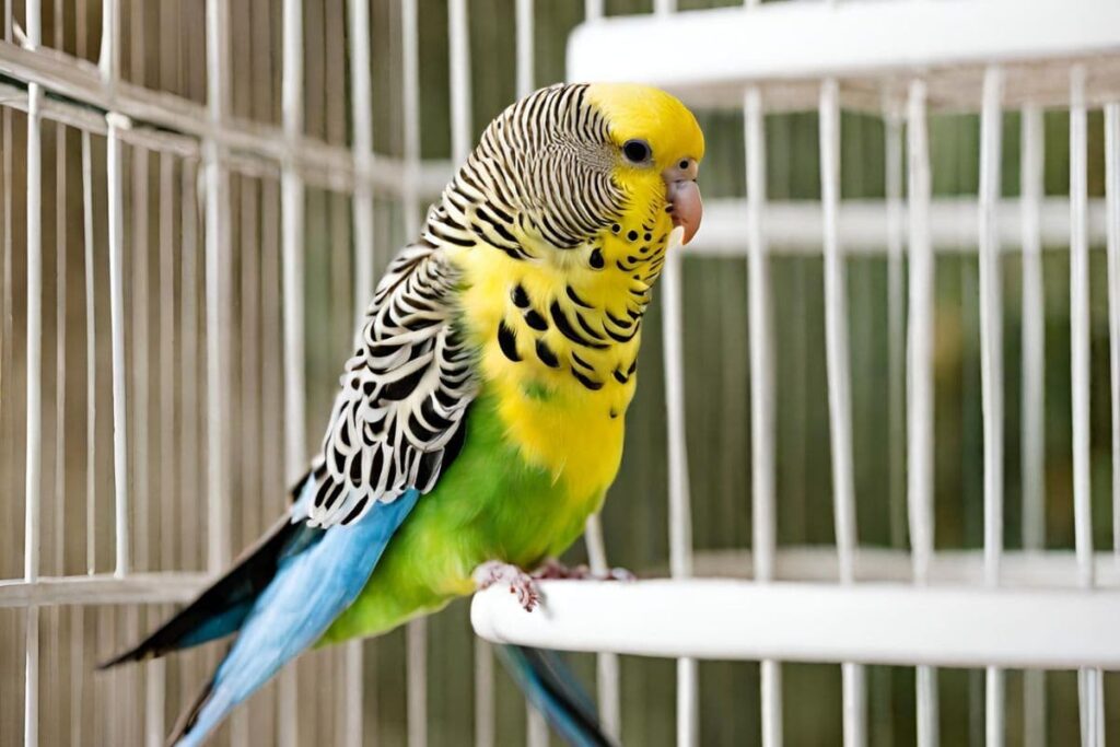 A Parakeet Perching Inside a Cage